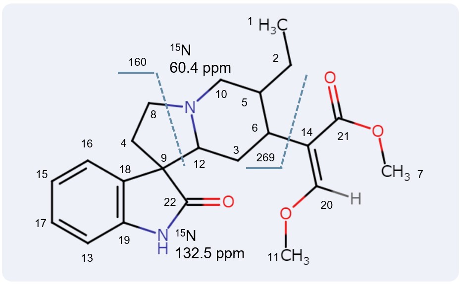 Chemical structure model of Rhynchophylline obtained through MS and NMR analysis